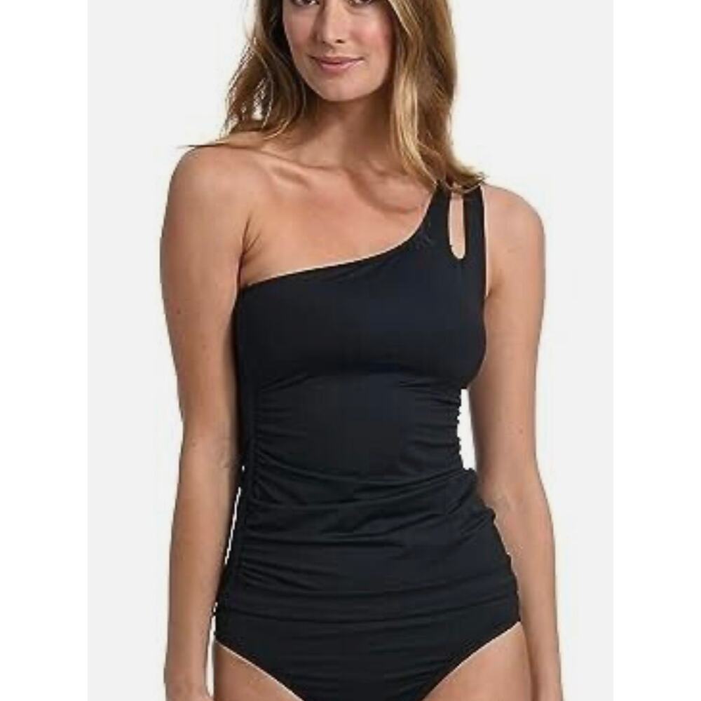 La Blanca Black One Shoulder Keyhole Tankini Top 18W NWT
